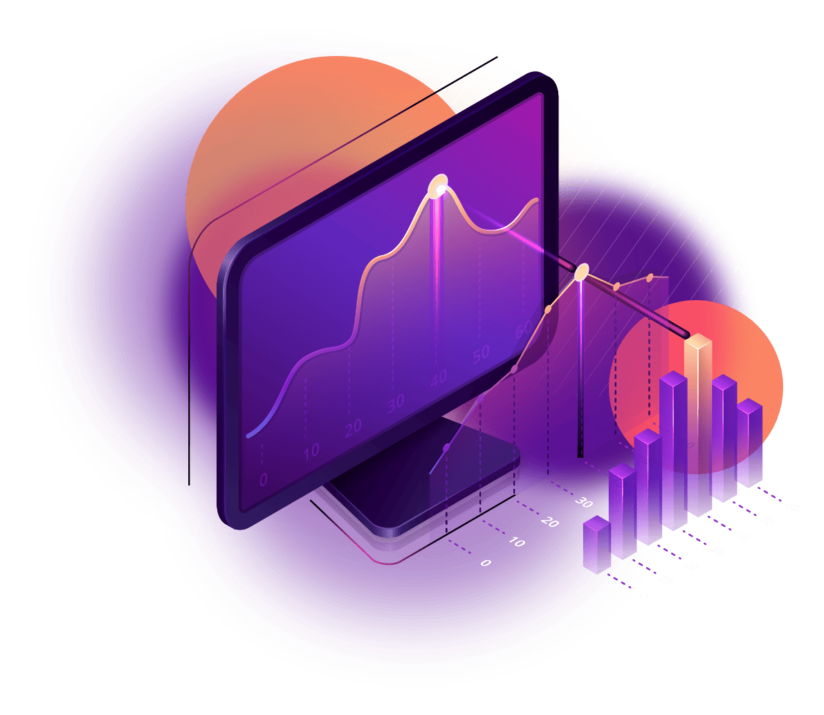SEO analytics illustration with dashboard widgets and ranking visuals